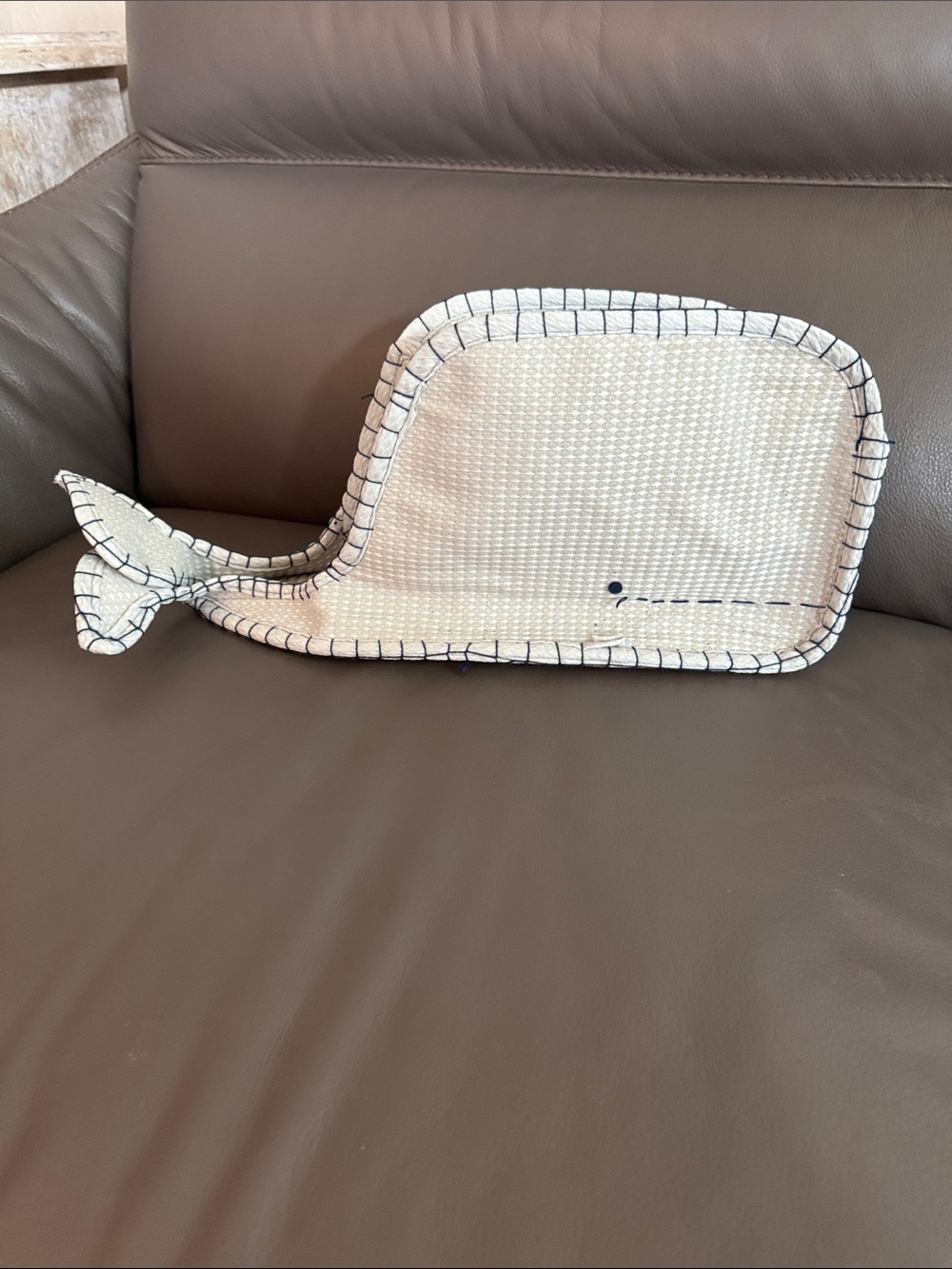 Whale-Shaped Woven Pouch - Light gray with Black Stitching